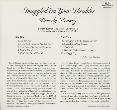 SNUGGLED ON YOUR SHOULDER/BEVERLY KENNEY BEVERLY KENNEY - 中古 
