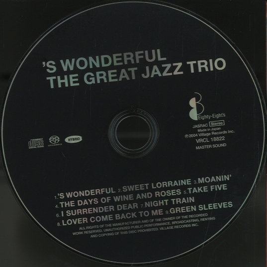 CD Great Jazz Trio S Wonderful VRCL18822 EIGHTY-EIGHTS 紙