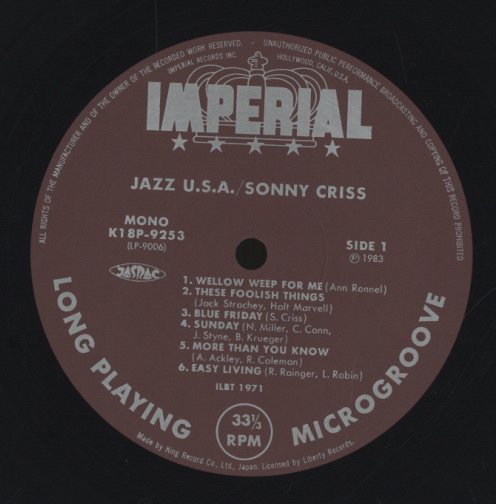 ソニー・クリス JAZZ U・S・A K18P9253 mono JAZZ U.S.A.&frasl;SONNY CRISS SONNY CRISS - 中古オーディオ 高価買取