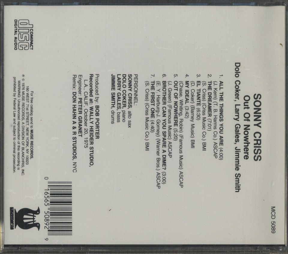 OUT OF NOWHERE/SONNY CRISS SONNY CRISS - 中古オーディオ 高価買取